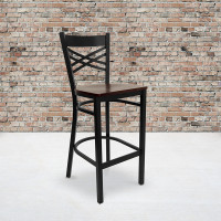 Flash Furniture Hercules Series Black ''X'' Back Metal Restaurant Bar Stool with Mahogany Wood Seat XU-6F8BXBK-BAR-MAHW-GG